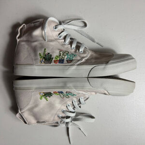 BANGS Beige High-Top Canvas Sneakers US 9 with Cactus Embroidery